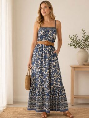 Taylor Blue White Floral Maxi Dress Belted Sleeveless Pockets 8